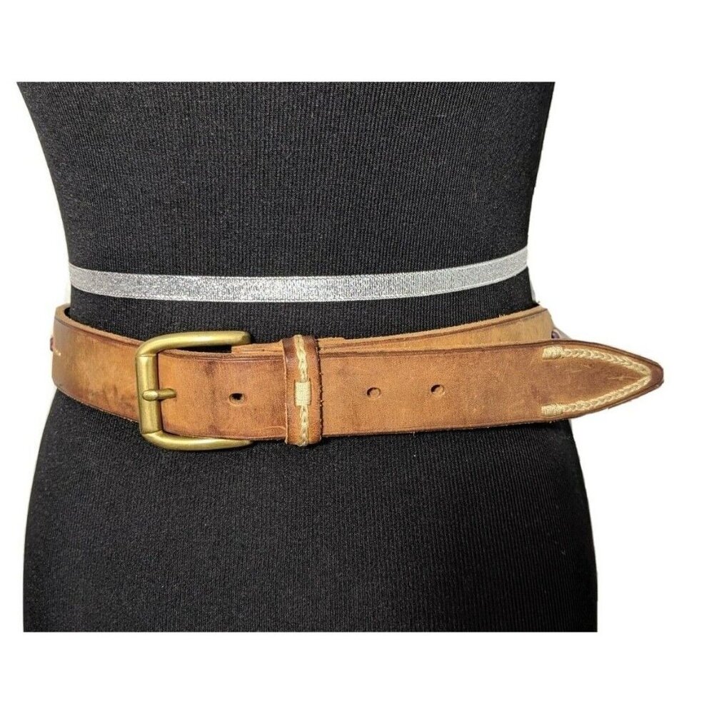 Belt Brown Leather Woman's Size 37 Gap Multicolored Beaded Solid Brass Buckle